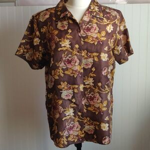 Anna And Frank Vintage Brown Floral  Short Sleeve Button-Up Silk Shirt Y2K Chic